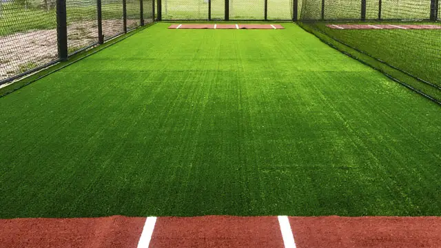 Synthetic turf surfacing inside a baseball batting cage
