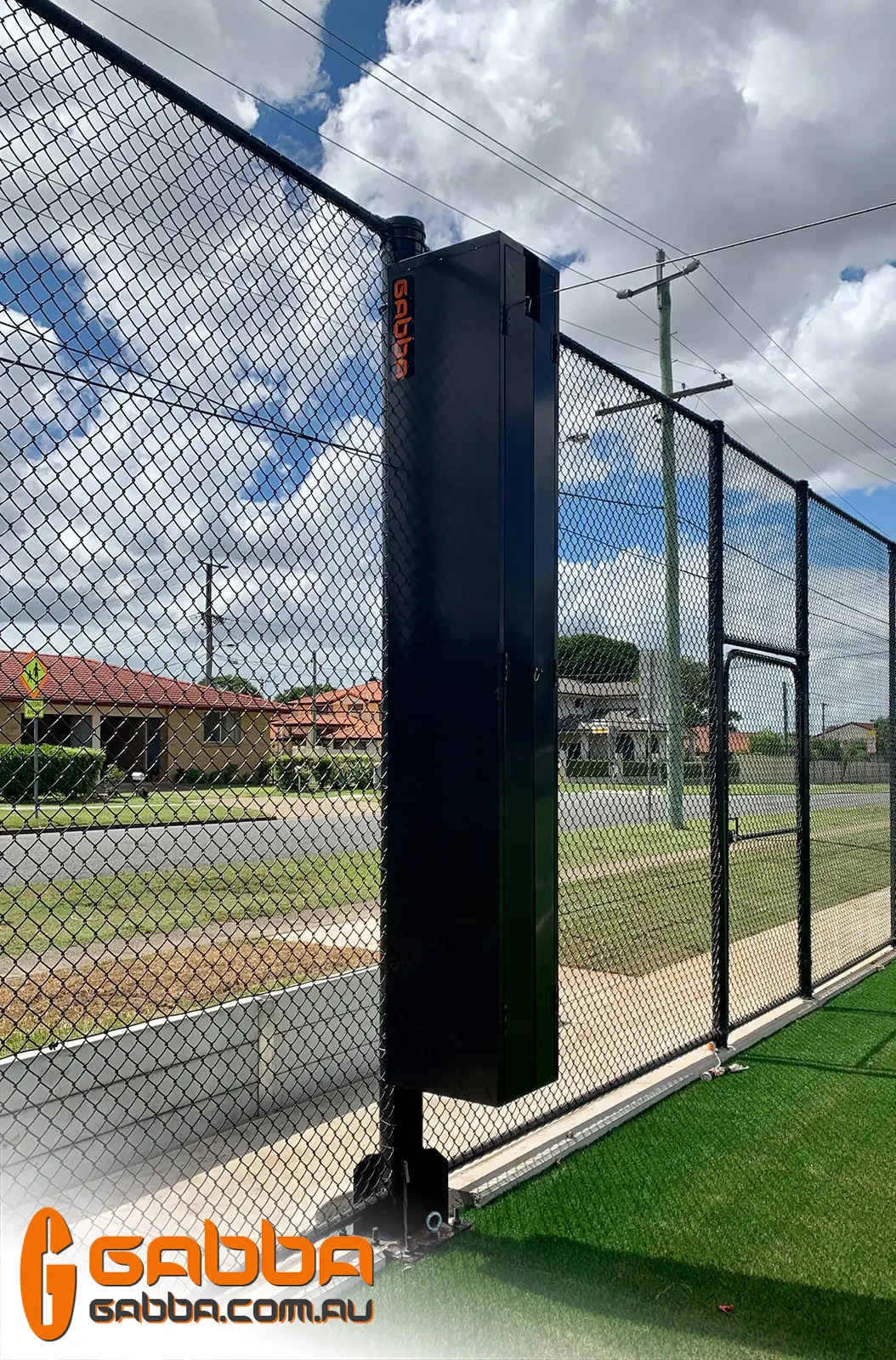 Lockable Gabba net storage cabinet beside a soccer field